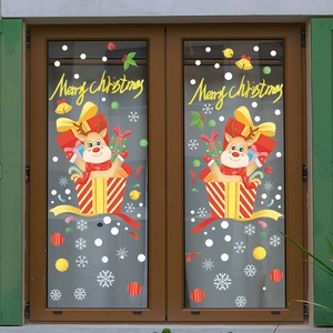 Christmas window decals with cartoon reindeer, snowflakes and Merry Christmas lettering