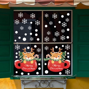 Christmas window stickers set with cartoon reindeer in red mug and white snowflakes