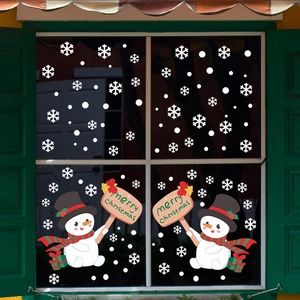 Christmas snowman wall stickers set with snowflakes and Merry Christmas signs on glass window