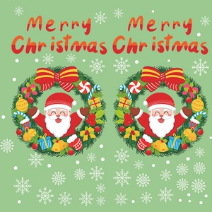 Close-up of Merry Christmas wreaths featuring Santa Claus with red bows and candy canes