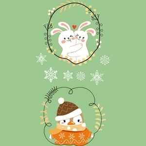 Dettaglio di adesivi natalizi con simpatici conigli e un pinguino in ghirlande festive