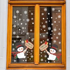 Christmas snowman window decals with Merry Christmas sign and white snowflakes for decor