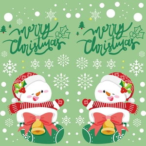Close-up of Christmas snowman static stickers in festive green stockings with red bows