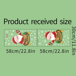 Detailed size chart showing two Santa Claus static glass stickers with snowflakes