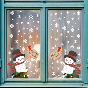 Christmas snowman window stickers with white snowflakes and Merry Christmas wooden sign decal