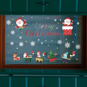 Festive Merry Christmas window stickers featuring Santa, reindeer and snowman decorations