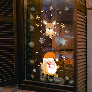Christmas window decals set featuring cartoon Santa and reindeer with snowflakes decor