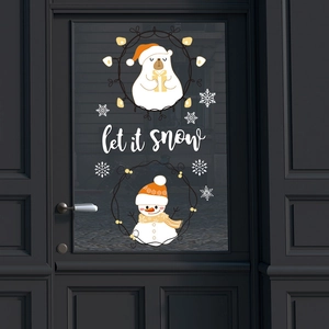 Christmas window decals with polar bear, snowman and white snow elements for festive decor