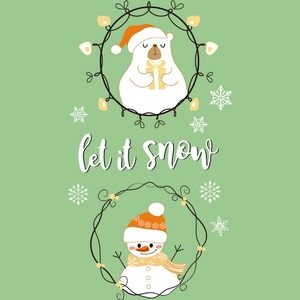 Detail of Christmas window stickers featuring polar bear, snowman and let it snow text