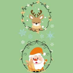 Flat vector Christmas decals featuring cartoon reindeer and Santa with floral wreaths