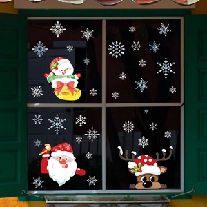 Christmas window decals featuring Santa, snowman and elk decorations for holiday glass decor