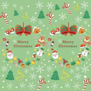 Flat lay pattern of Christmas stickers with Santa, snowman, and reindeer on green background