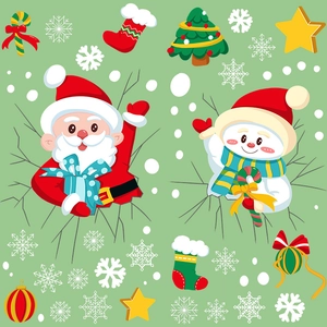 Detailed Santa and Snowman stickers with Christmas trees and stars on green background