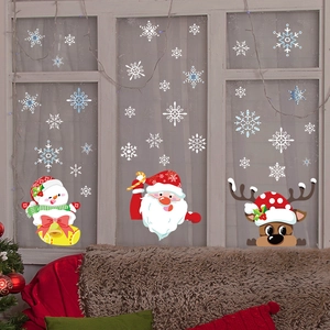 Christmas window decals featuring Santa, snowman, and reindeer for festive home decoration