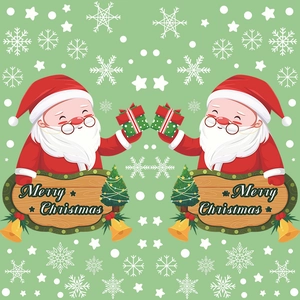 Detailed Christmas window decals featuring Santa Claus, gifts and Merry Christmas greeting