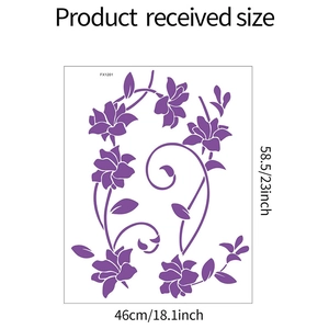 Dettaglio adesivo murale con tralci di fiori viola e dimensioni ricevute 46x58,5cm