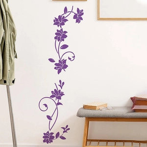 Adesivo murale con fiori viola e rampicanti per decorazione elegante camera da letto
