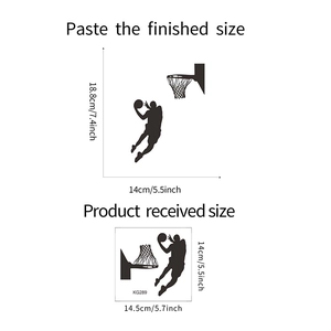 Detailed size chart for basketball slam dunk silhouette wall sticker dimensions