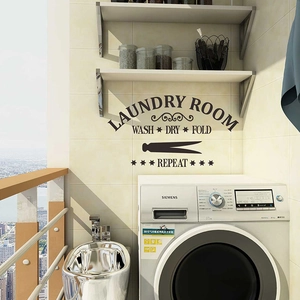 Vinilo decorativo negro para lavandería con diseño de texto Wash Dry Fold Repeat
