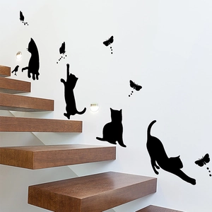Adesivo da Parete Silhouette Gatto Nero Cartone Animato Decalcomania in PVC Rimovibile Farfalla Uccello per Decorazione Casa Soggiorno