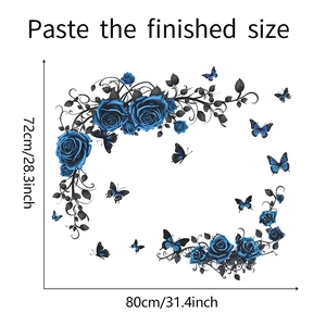 Blue rose and butterfly wall sticker set showing finished dimensions 80x72cm