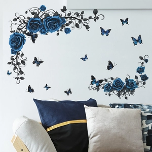 Elegant blue rose and butterfly wall stickers for bedroom living room home decor