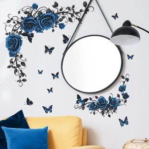Romantic blue rose and butterfly wall stickers for home living room and bedroom decor