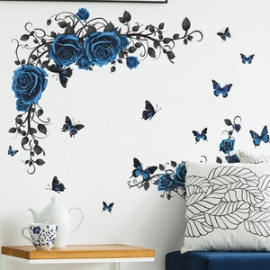 Romantic Blue Rose Butterfly Wall Stickers Self-adhesive PVC Floral Vines Wall Decal For Bedroom Living Room Home Decor
