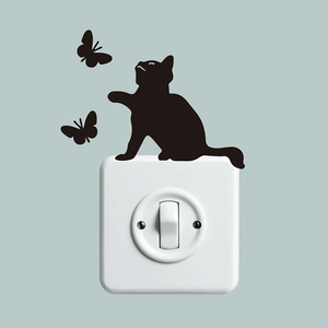Black silhouette cat and butterfly wall sticker for light switch decoration