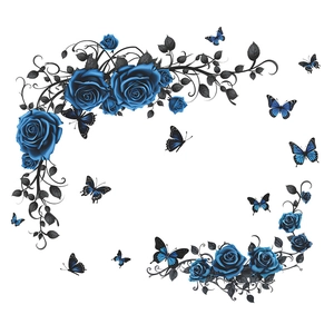 Detailed blue rose and butterfly wall stickers with artistic black vine patterns