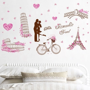 Sticker Mural Voyage Romantique Tour Eiffel Monuments Silhouette Couple Bricolage Art PVC Décalcomanie Pour Décor De Chambre Salon