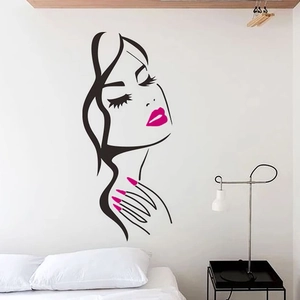 Modern minimalist wall decal featuring a woman profile with bright pink lips and nails