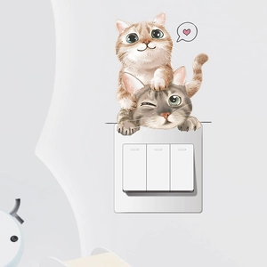 Stickers muraux chat de dessin animé pour interrupteurs avec chatons mignons et cœurs roses