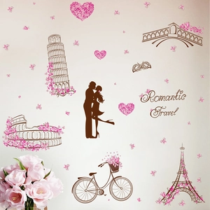 Stickers muraux romantiques Tour Eiffel avec monuments mondiaux et silhouettes de couple