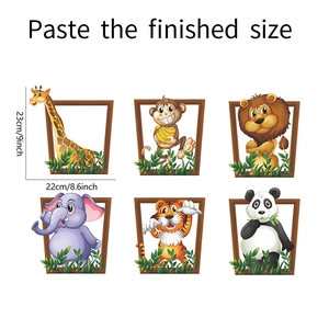 Detailed dimensions of 3D cartoon animal wall stickers featuring jungle safari animals