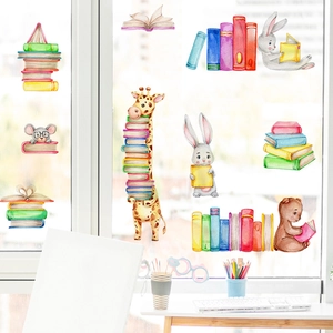 Cartoon Animal Book Reading Wall Stickers PVC Removable Decor Decals for Kids Room Nursery Study Area Kindergarten Classroom Decorations