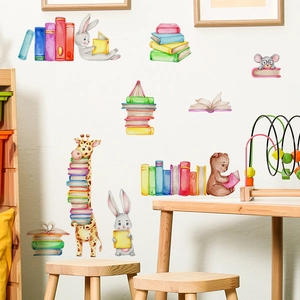 Cartoon animals reading books wall decals for kids room nursery watercolor decoration