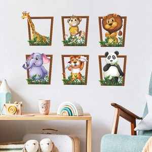 3D cartoon animal wall stickers with 6 frames featuring giraffe, lion and panda
