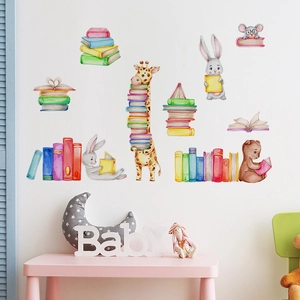 Cartoon animals reading books wall sticker for kids room nursery wall decoration