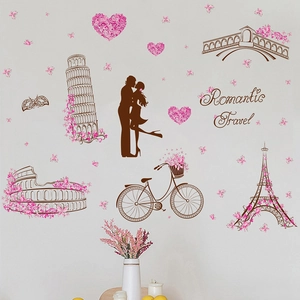 Stickers muraux romantiques Tour Eiffel pour chambre avec silhouettes de couple et monuments