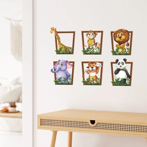 3D cartoon animal photo frame wall stickers with giraffe lion and panda for kids bedroom deco