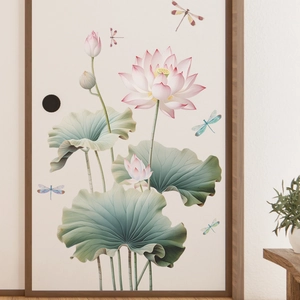 Sticker mural style chinois avec fleurs de lotus et libellules pour décor de salon