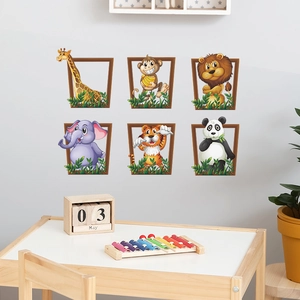3D cartoon animal wall stickers featuring giraffe lion elephant for kids room decor
