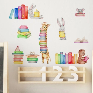 Cute watercolor animals reading books wall decals for kids room nursery wall decoration