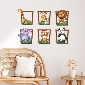 3D cartoon animal photo frame wall stickers with lion giraffe and elephant for kids room decor