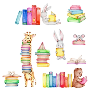 Detailed watercolor cartoon animals reading books, including giraffes and rabbits wall stickers