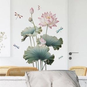 Autocollants muraux lotus et libellules style chinois pour décoration de salon chic