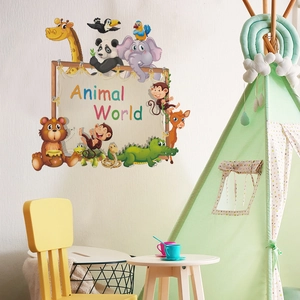 Cartoon animal world wall stickers with giraffe and elephant for kids room decor