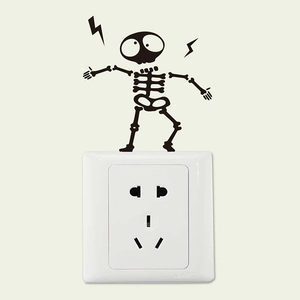 Cartoon shocked skeleton wall sticker for light switch decor with lightning symbols