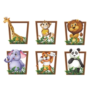 Set of 6 cartoon animal 3D photo frame wall stickers featuring lion, elephant and panda